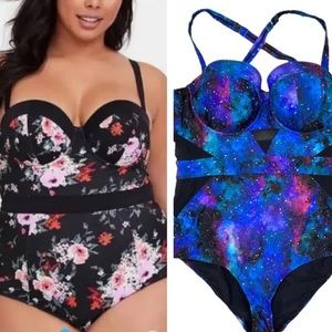 Torrid slim fix push up blue & purple galaxy one piece with mesh cutouts